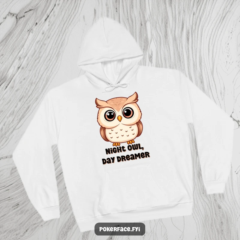 Funny serene owl hoodie with an owl character sporting wide, unwavering eyes, perfect for cozy contemplation.