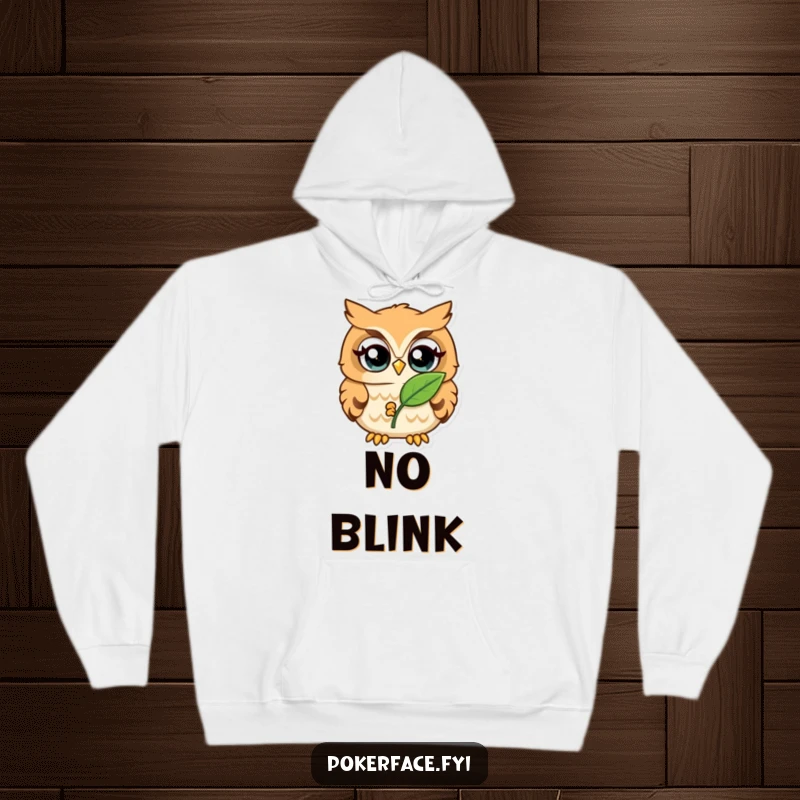 Funny Hoodie featuring a wide-eyed owl holding a single leaf, perfect for cozy observation and quirky style.