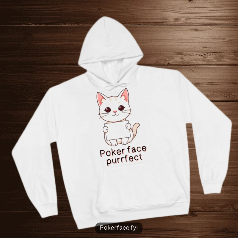 Funny Kawaii Cat Hoodie: A soft hoodie featuring a kawaii cat with a neutral face presenting a card, offering cozy and humorous vibes.
