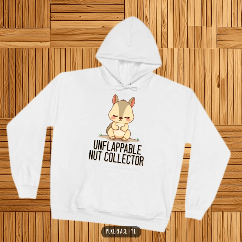 Funny Squirrel Hoodie depicting an unnervingly calm squirrel, radiating peaceful humor and a stoic expression, ideal for cozy, gift-giving moments.