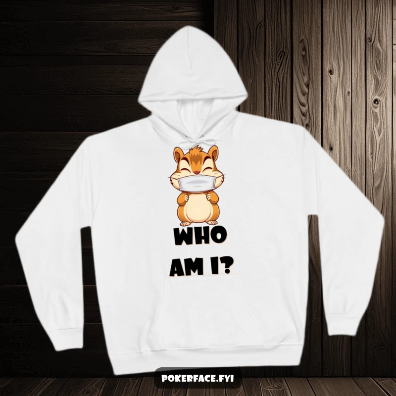 Funny hoodie featuring a giggling chipmunk character wearing a blank mask and still paws, offering warmth and secretive humor.