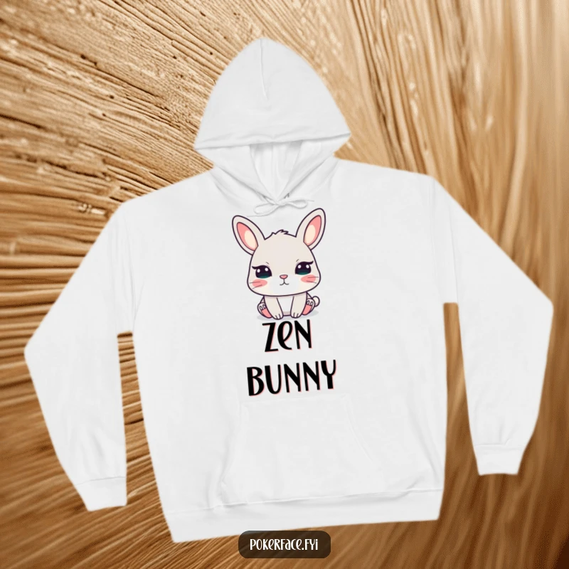 Funny hoodie showcasing a calm rabbit with unblinking eyes, offering comfort and a touch of humorously intense peacefulness.