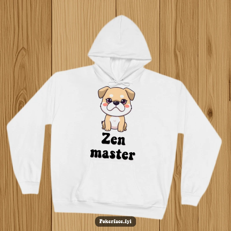 Funny hoodie showcasing a stoic dog with a neutral face, offering warmth and a touch of quiet, humorous dignity.