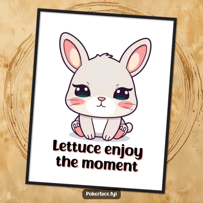 Funny free printable wall art featuring a rabbit with unblinking eyes, maintaining a calm and intense gaze, humorous decor.