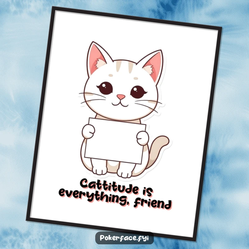 Funny Free Printable Wall Art: Neutral-faced Kawaii cat offering a card, embodying dry humor and modern decor.