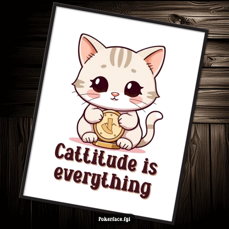 Funny Free Printable Wall Art: A smiling Cat character with neutral eyes, coolly balancing a single coin.