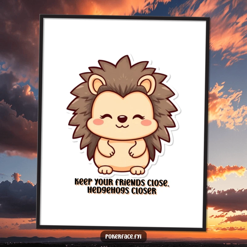 Funny free printable wall art of a reserved hedgehog with a completely neutral face, adding a touch of dry humor to home decor.