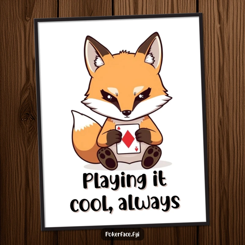 Funny Free Printable Wall Art: Stoic fox character with a blank stare playing a card. Humorous downloadable decor for a mysterious atmosphere.