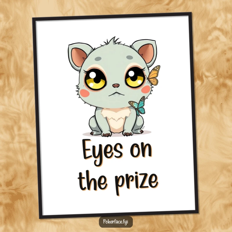 Funny Free Printable Wall Art: Creature with huge, unblinking eyes watches a butterfly flutter by, showing no reaction.