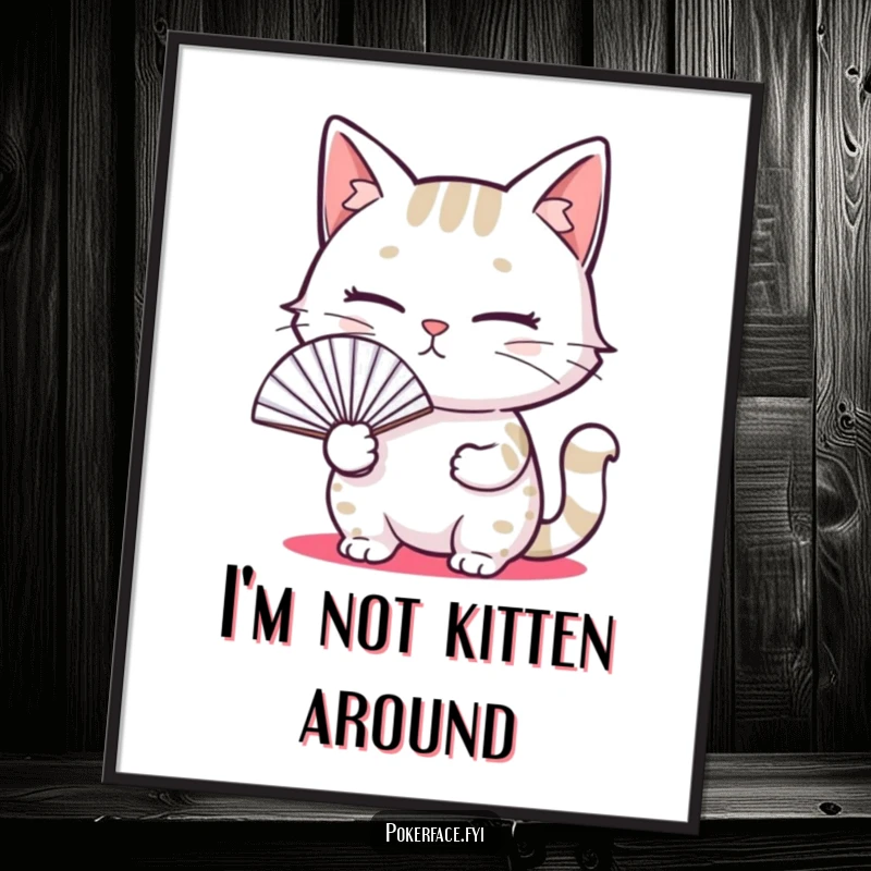 Funny free printable wall art of a cat with a completely blank expression, holding a fan, perfect for minimalist humor.
