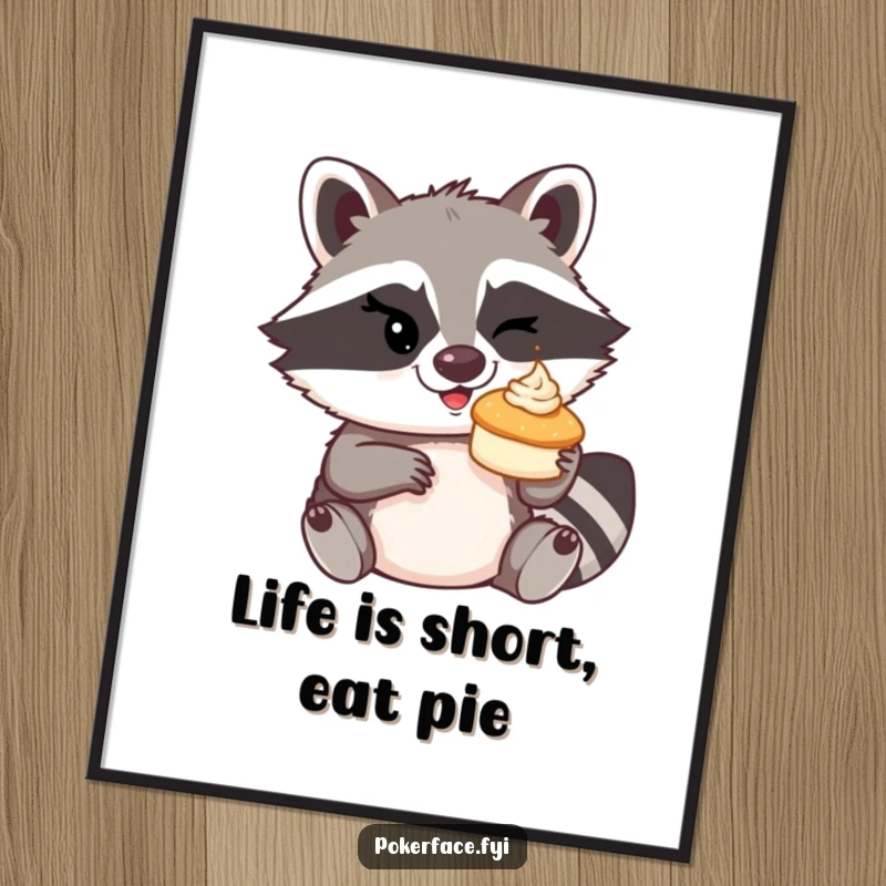 Funny Free Printable Wall Art: Raccoon with a mischievous wink about to toss a tiny cream pie