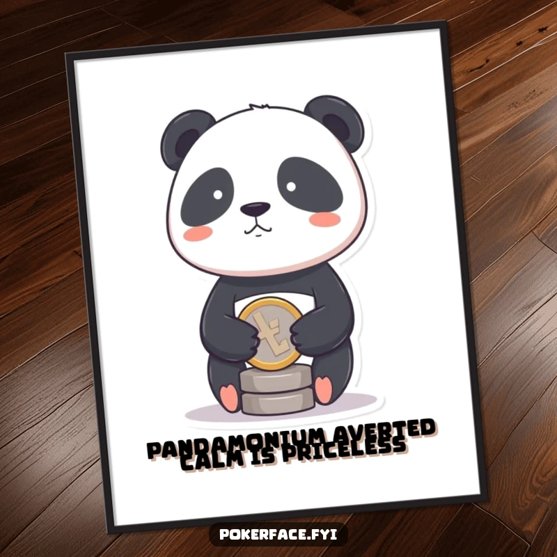 Funny Free Printable Wall Art of a panda character with a stoic face, calmly balancing a single coin, embodying peaceful focus.