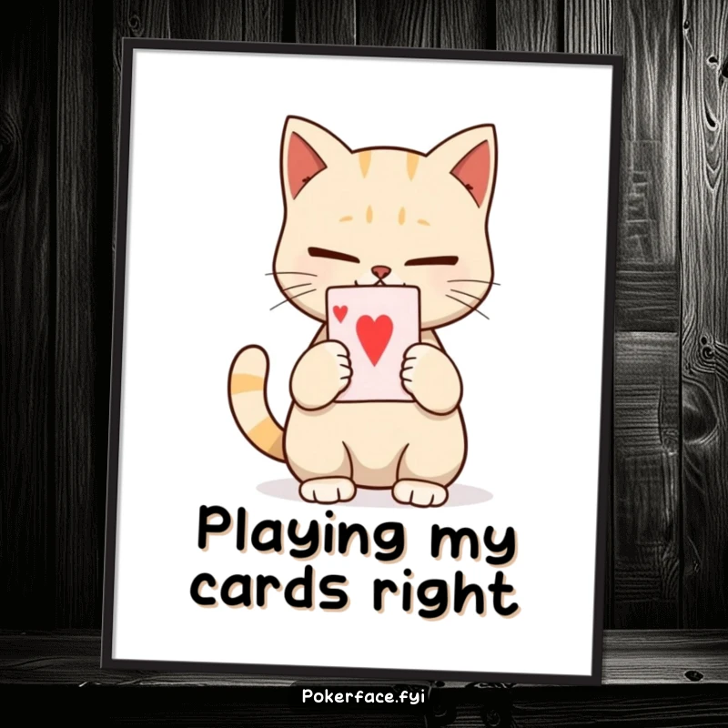 Funny Free Printable Wall Art: Calm cat character holding a single playing card with no expression. Humorous downloadable decor for a peaceful setting.
