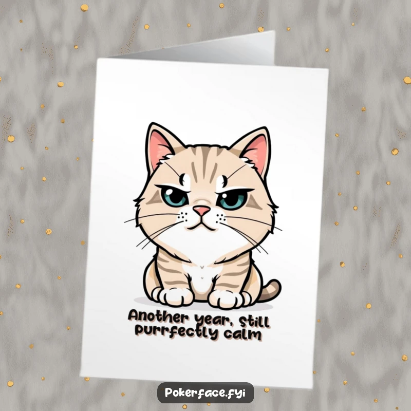 Funny Free Printable Birthday Card: Stoic cat with perfectly still whiskers, a humorous downloadable gift for cat enthusiasts.