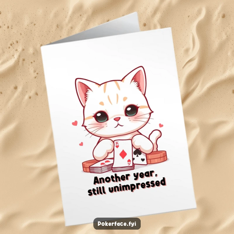 Funny Free Printable Birthday Card: A cat with a perfectly neutral expression is playing cards, exuding hilarious poker-faced humor.