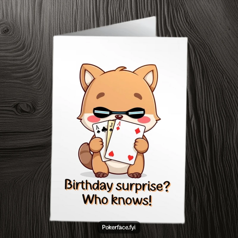 Funny Free Printable Birthday Card: An animal character holding a playing card with a completely unreadable face, creating suspense and humor.