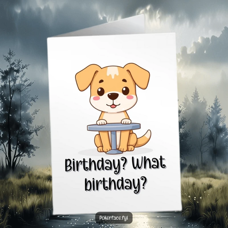 Funny Free Printable Birthday Card: A dog with a completely blank face sits at a table, waiting for birthday cake with zero expression.