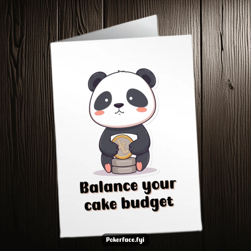 Funny Free Printable Birthday Card of a stoic panda balancing a single coin, wishing a balanced and fortunate birthday.