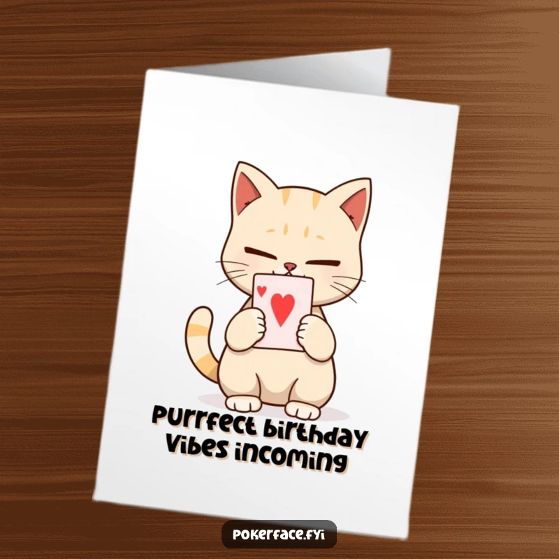 Funny Free Printable Birthday Card: Calm cat character holding a single playing card with no expression. A downloadable birthday surprise.