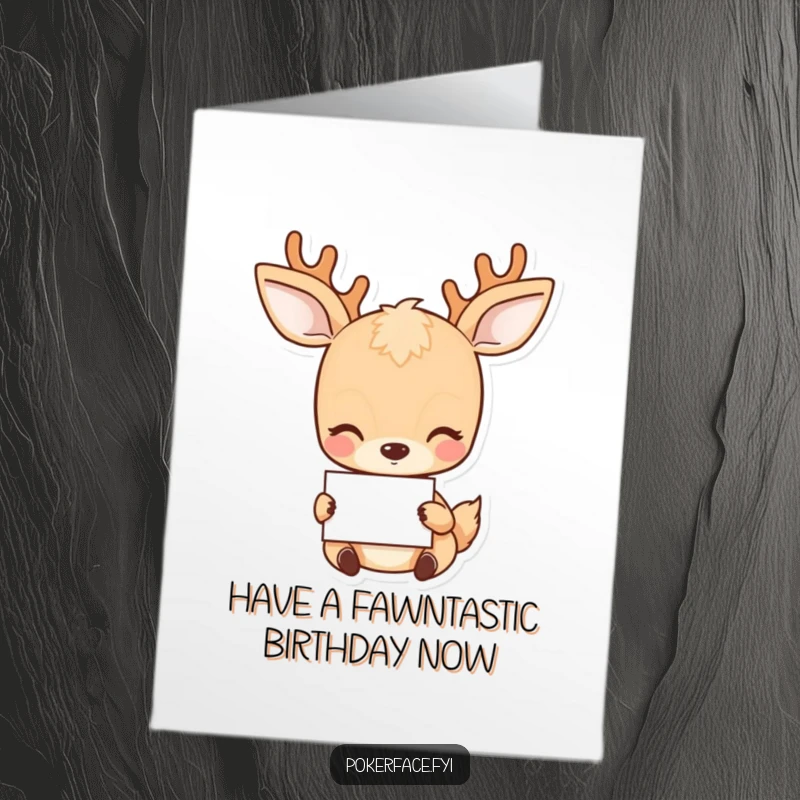 Funny Free Printable birthday card showing a placid deer holding a blank card, conveying calm wishes, a perfect DIY gift.