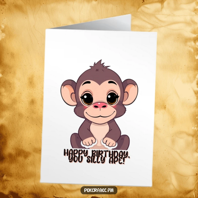 Funny Free Printable Birthday Card: A monkey with a completely still expression offering birthday wishes with a blank, unmoving face.