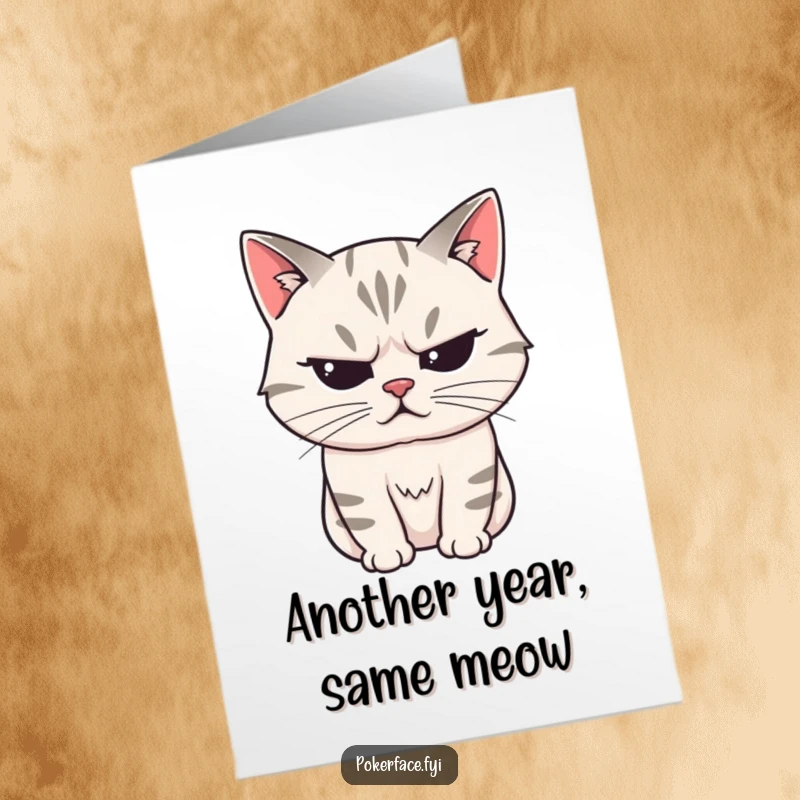 Funny Free Printable Birthday Card featuring a stoic cat with a perfectly unreadable expression, delivering a birthday wish dryly.