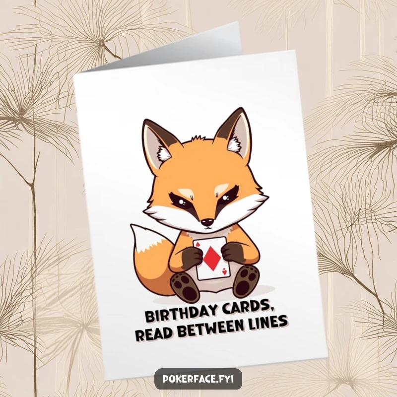 Funny Free Printable Birthday Card: Stoic fox character with a blank stare playing a card. A humorous downloadable for birthdays.
