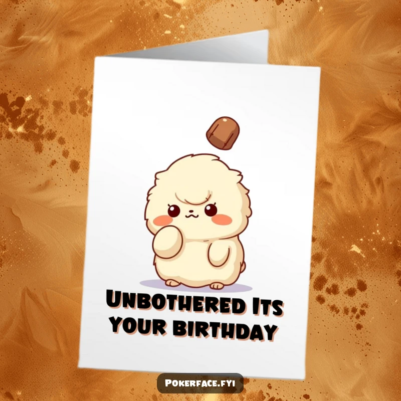 Funny Free Printable Birthday Card: Fluffy creature calmly holds up one finger, unbothered by a falling object.