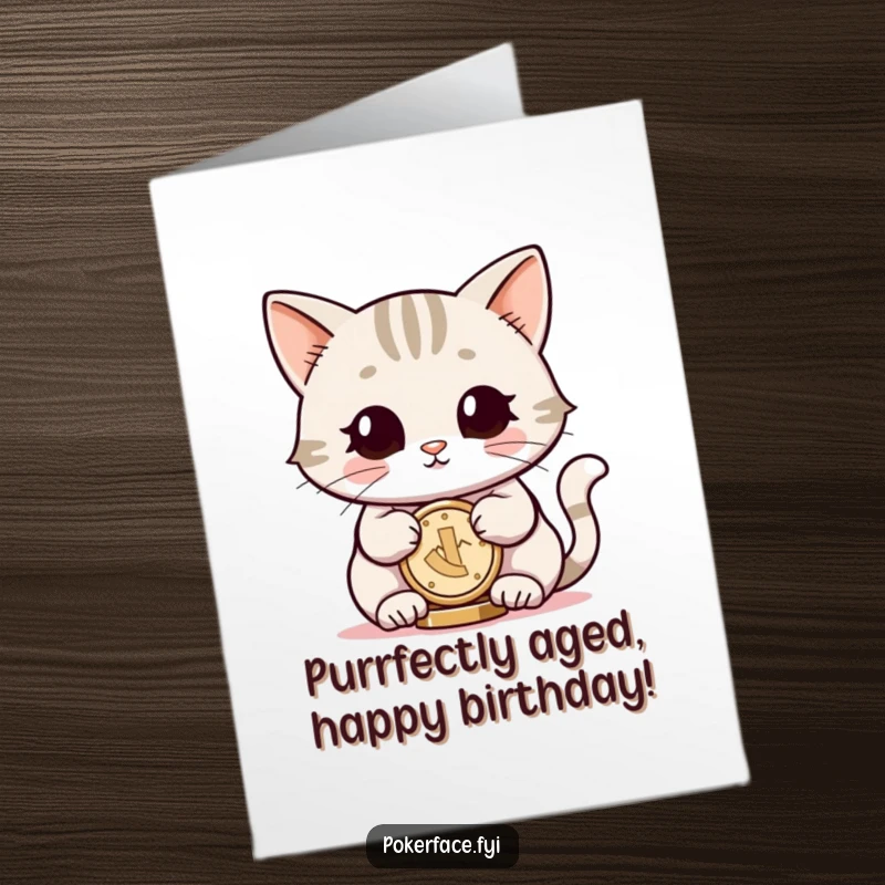 Funny Free Printable Birthday Card: Smiling Cat character with neutral eyes, impressively balancing a single coin.