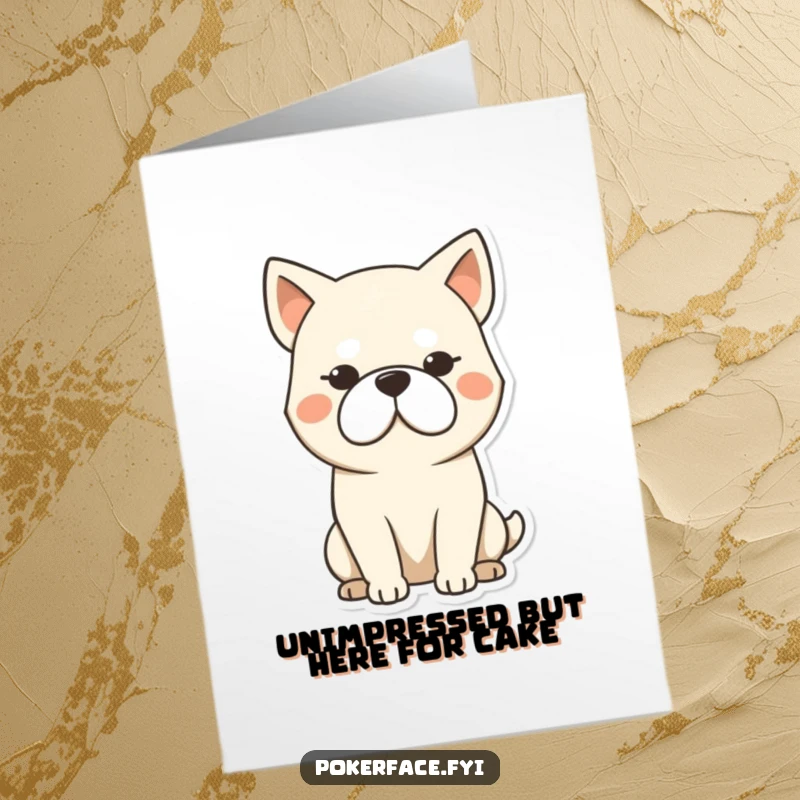 Funny free printable birthday card featuring a stoic dog with a blank expression, sitting calmly, ready to deliver a deadpan wish.