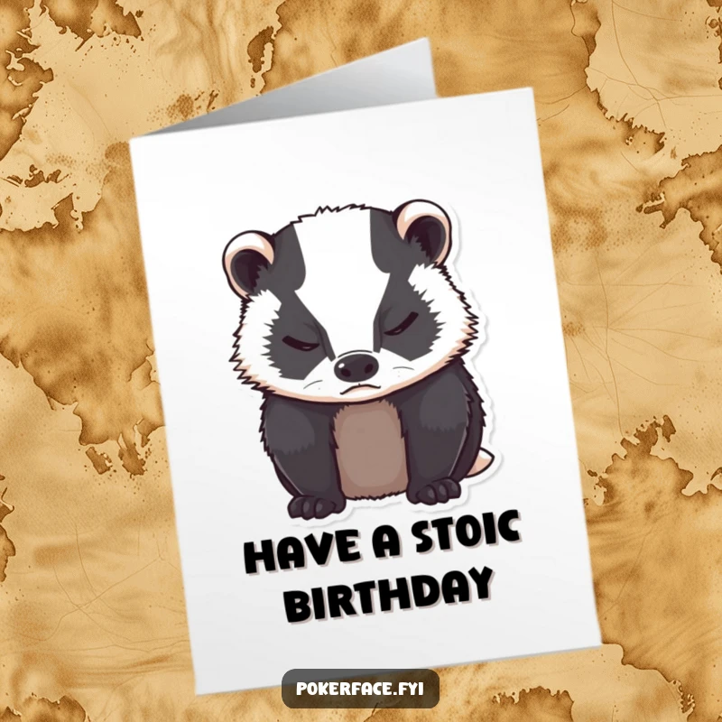 Funny Free Printable Birthday Card: Grumpy badger with neutral expression closed eyes wishing a birthday