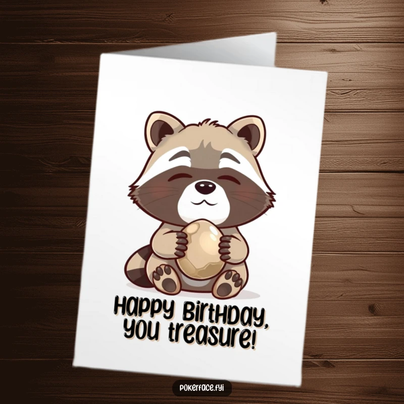 Funny Free Printable Raccoon Birthday Card: A cute raccoon happily clutches a shiny pebble, wishing a happy birthday with glee.