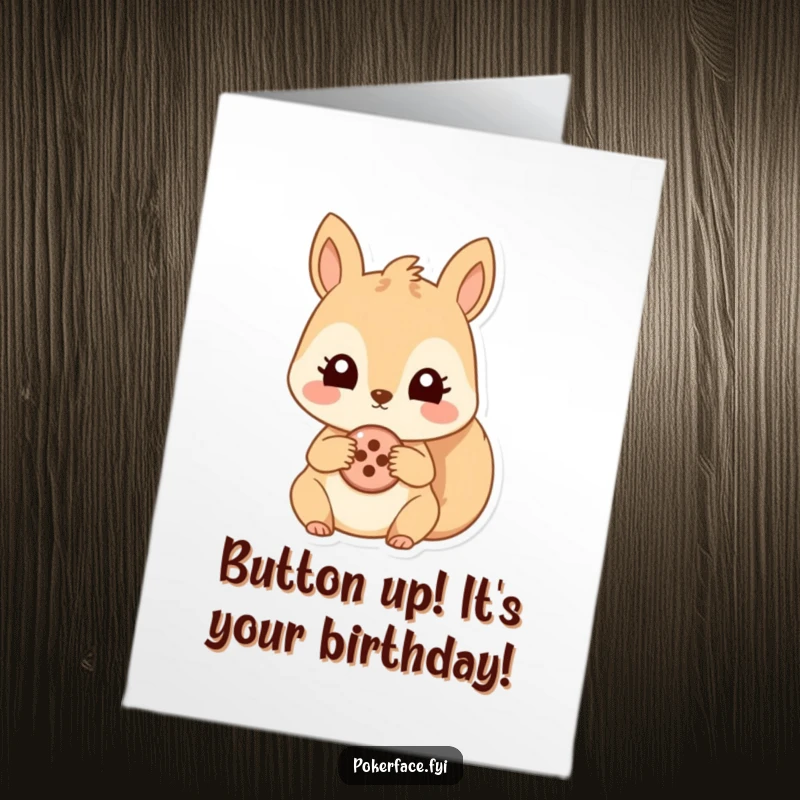 Funny Free Printable Birthday Card: A squirrel with blank eyes offers a single button, a hilarious DIY gift idea.