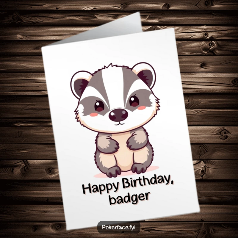 Funny Free Printable Happy Birthday card: A neutral badger with a blank expression delivers birthday wishes with maximum comedic understatement.
