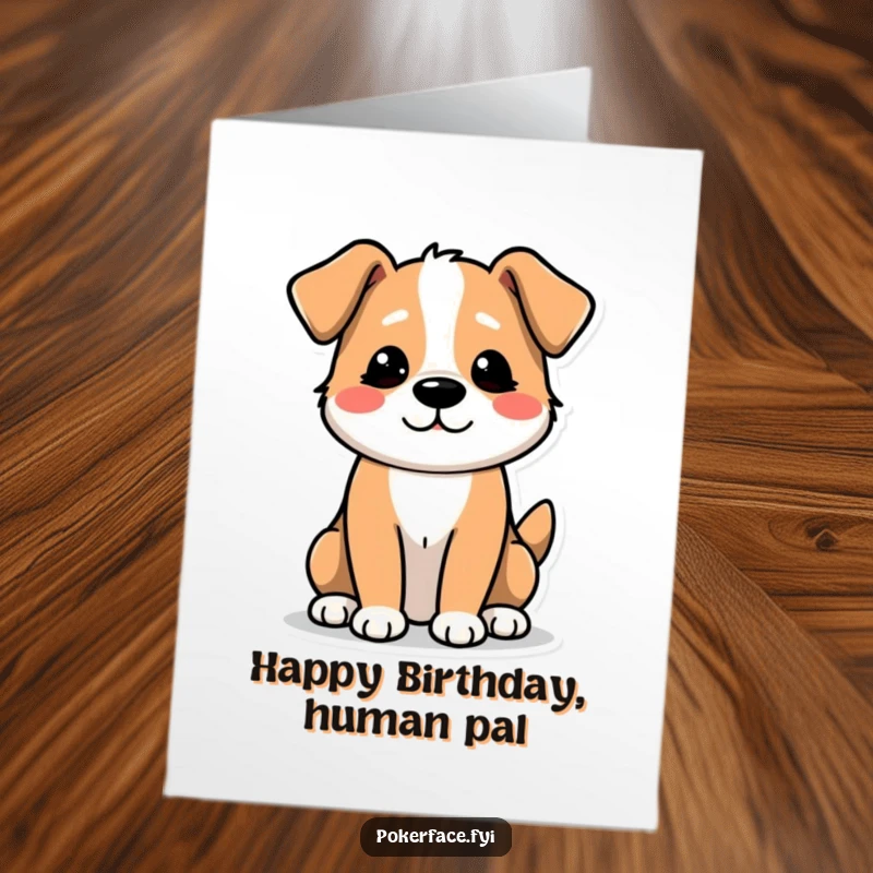Funny Free Printable Birthday Card: Dog character giving a single, unenthusiastic wag of its tail, conveying mild birthday greetings.