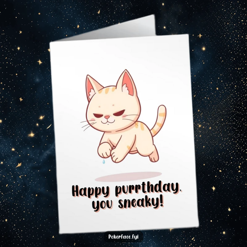 Funny Free Printable Birthday Card: Stealthy cat tiptoeing slowly with a drop of sweat for their birthday