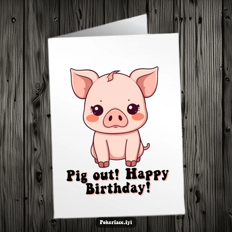 Funny Free Printable Birthday Card: Kawaii piglet with an extreme emotionless stare, looking straight ahead.