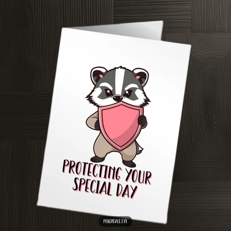 Funny Free Printable Birthday Card featuring a determined badger holding a shield defensively, with a blank expression, ready to protect the celebration.