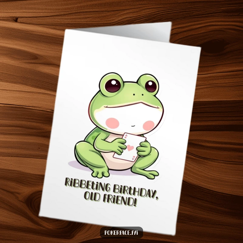 Funny Free Printable birthday card featuring a calm frog playing cards with a mischievous grin, perfect for a DIY gift.