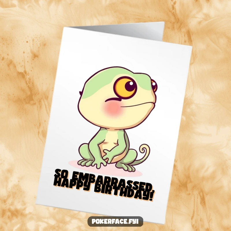 Funny Free Printable Chameleon Birthday Card: A blushing chameleon turns beige, offering a unique and humorous birthday wish.