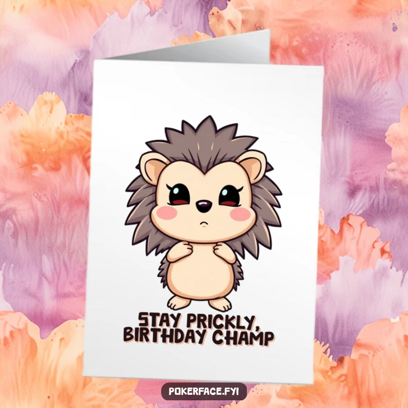 Funny Free Printable Birthday Card: Emotionless hedgehog holding a straight flush, looking unimpressed, for a unique birthday wish
