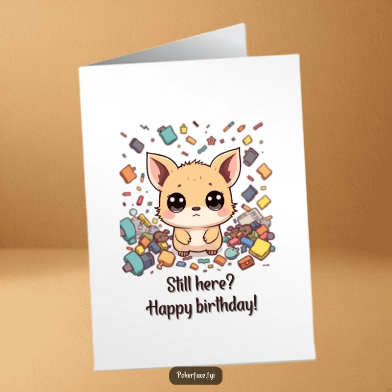 Funny Free Printable Birthday Card: Tiny creature with wide eyes, neutral face, stands still amidst colorful chaos.