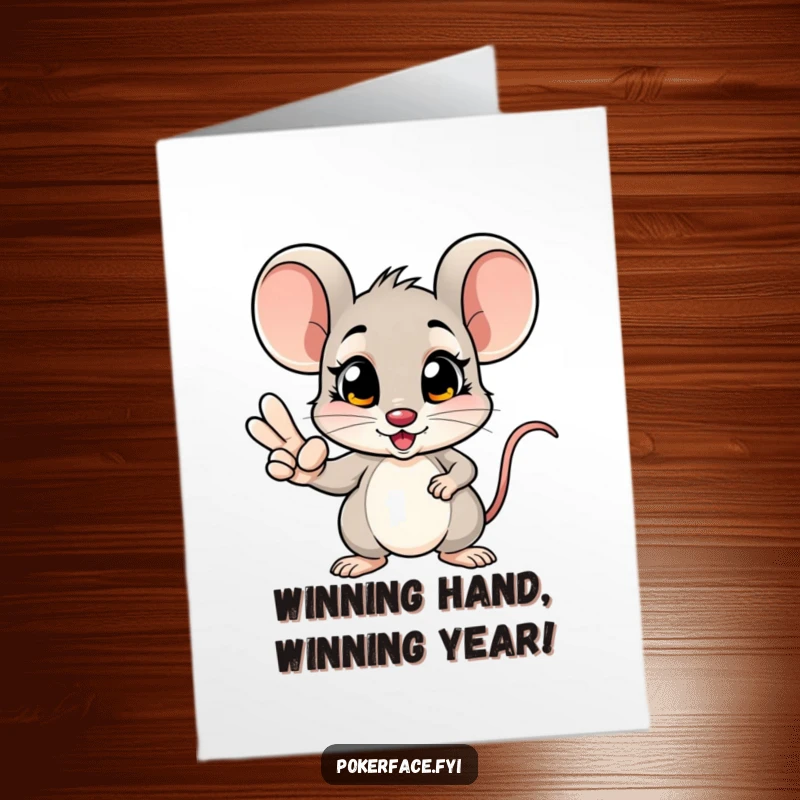 Funny Free Printable Birthday Card: Goofy mouse with wide eyes holding a winning poker hand, ready to celebrate