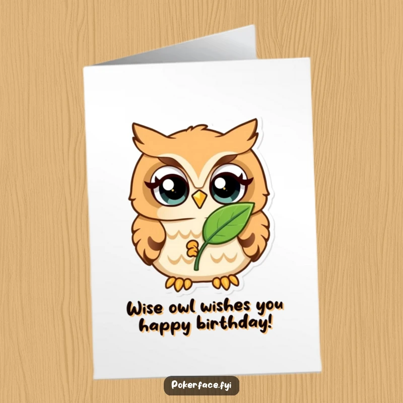 Funny Free Printable Owl Birthday Card: A playful owl with wide eyes holds a leaf, delivering a unique birthday greeting.