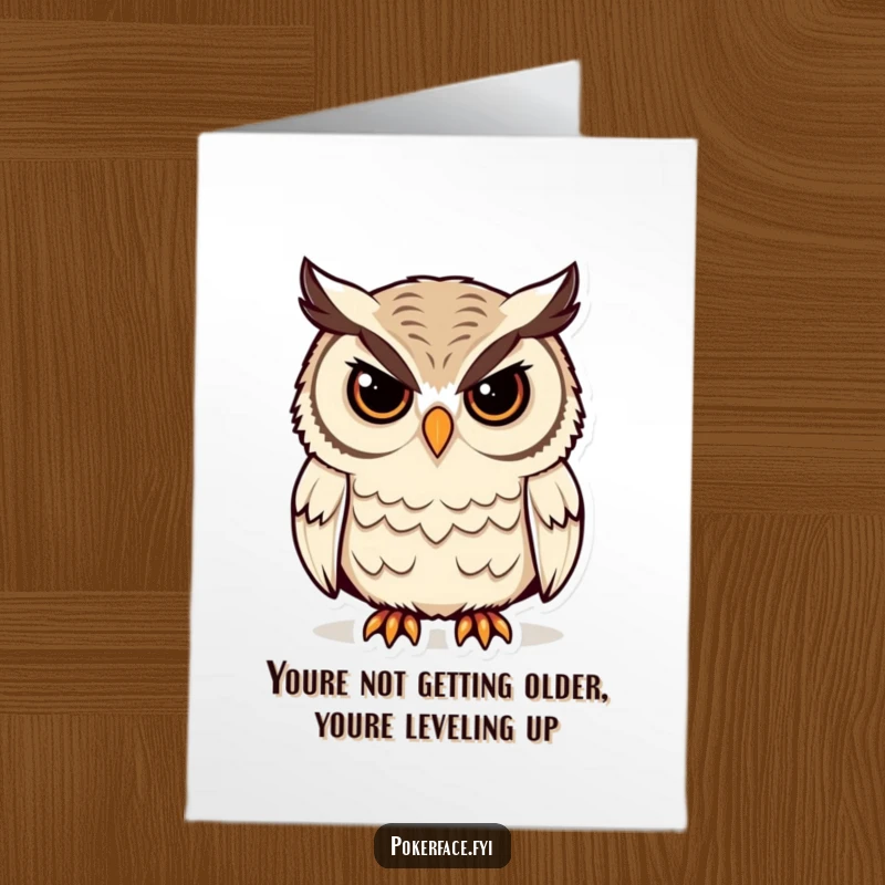 Funny Free Printable Birthday Card: Stoic owl with unblinking eyes delivers a hilariously deadpan birthday wish, perfect for DIY gifting.