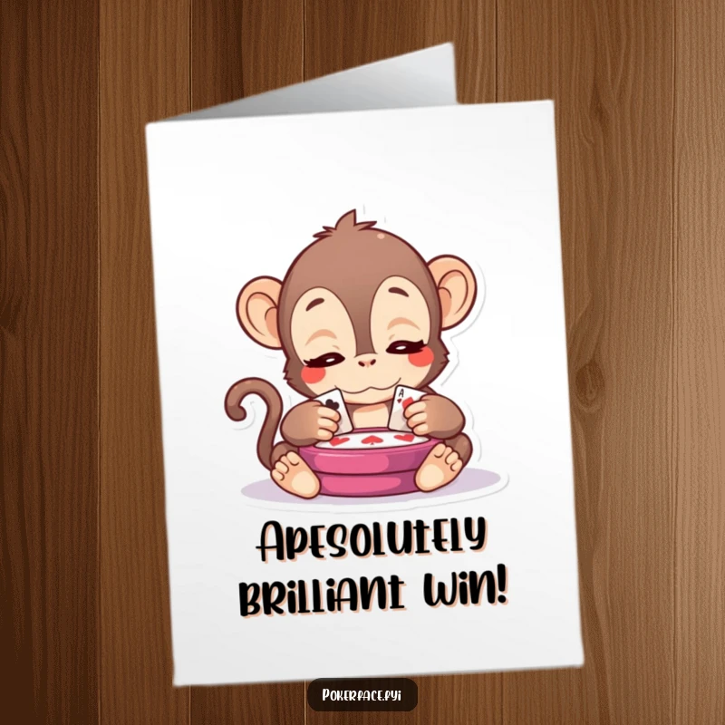 Funny Free Printable Congrats Card: Serene Kawaii monkey observing a card game, peaceful congratulations, perfect for DIY gifts.