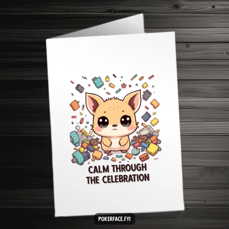 Funny Free Printable Congratulations Card: Tiny creature with neutral face remains still amid swirling chaos, celebrating.