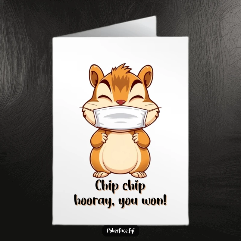 Funny Free Printable Congratulations Card: Giggling Chipmunk character with still paws, wearing a blank mask, celebrating.