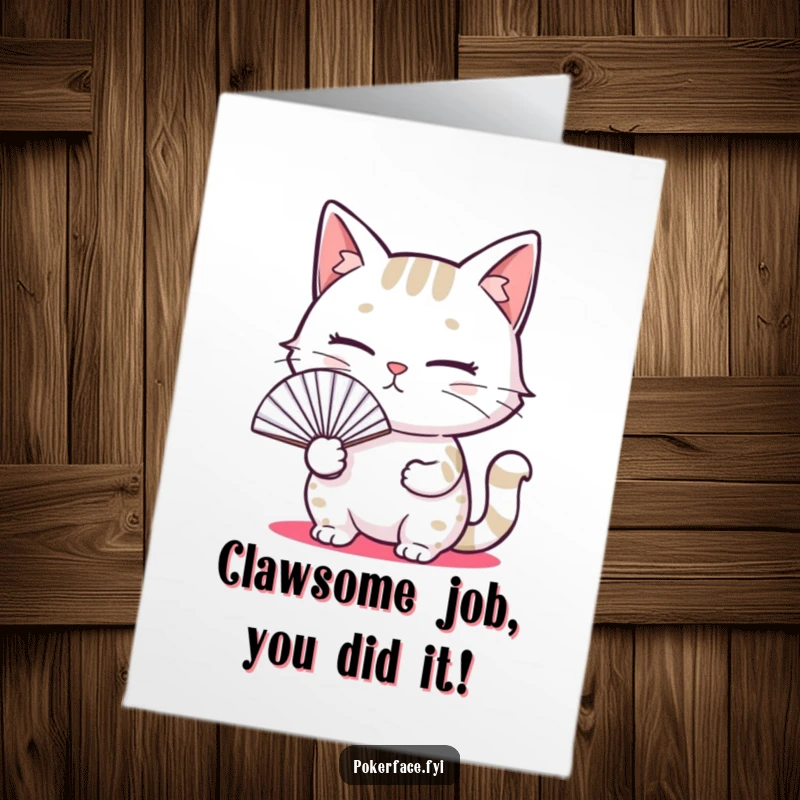 Funny free printable congratulations card showing a cat with a completely blank face, calmly fanning itself, a quirky downloadable.