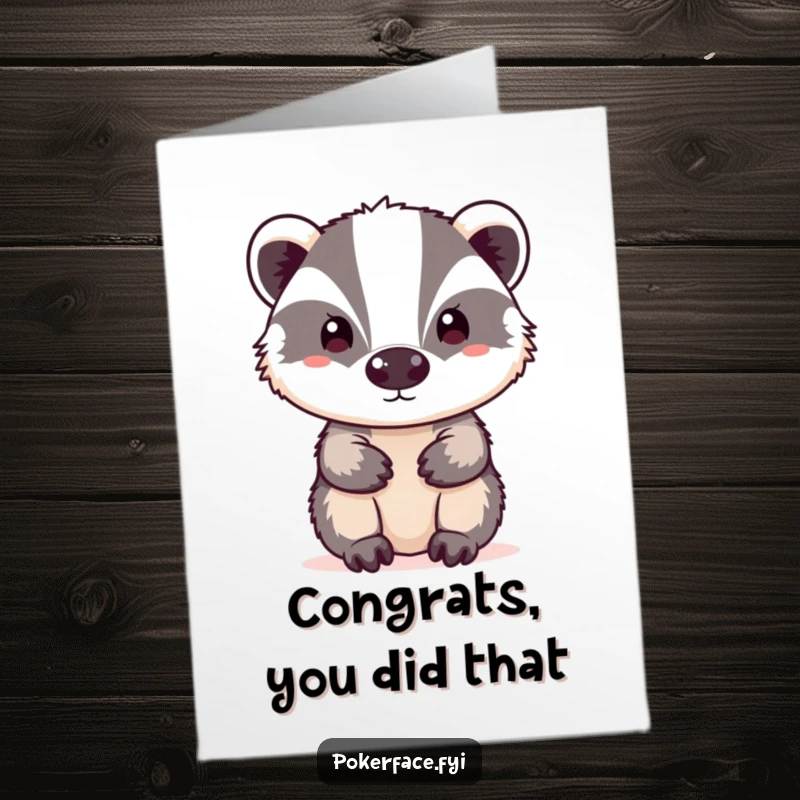 Funny Free Printable Congratulations card: A neutral badger with a blank expression offers congratulations with a hilariously unreadable demeanor.